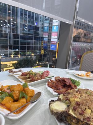 Pineapple fried rice, “satay” skewers, sweet and sour  at Three Virtues 三德食品 - North Point in Hong Kong Island