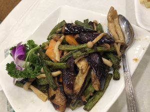 Sautéed eggplant, green beans, and mushrooms. at Three Virtues 三德食品 - North Point in Hong Kong Island