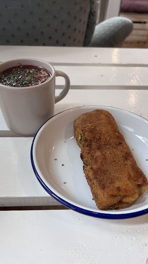 Beetrot soup and ‘krokiet’ (fried pancake filled with mushrooms and cabbage)  at Jarmuzno in Bielsko-biala