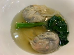 Cantonese dumplings stuffed with vegetarian shrimps and celery insupreme  broth at Three Virtues 三德食品 - Jordan in Kowloon
