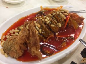 Deep-fried veg fish with pine nuts in sweet and sour sauce at Three Virtues 三德食品 - Jordan in Kowloon
