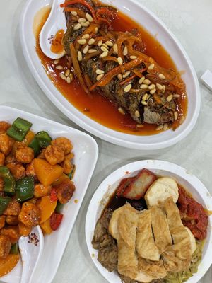 Fish 8317; mushrooms sweet sour; 8201 meat   at Three Virtues 三德食品 - Jordan in Kowloon