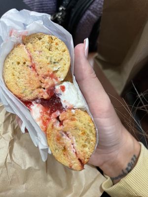 Rosemary chili bagel, plain tofu cream cheese and strawberry jam  at Boss Bagel in San Antonio