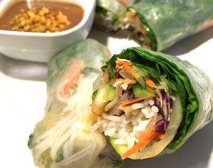 Spring Rolls with Peanut Sauce at The Sun Vegan in Fountain Valley