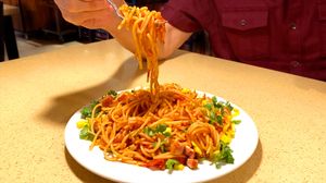 New menu item, Spaghetti with Sausage at The Sun Vegan in Fountain Valley