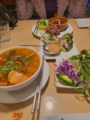 Bon Bo Hue, Clay Pot, and what's left of the Spring Rolls. #Veganuary at The Sun Vegan in Fountain Valley