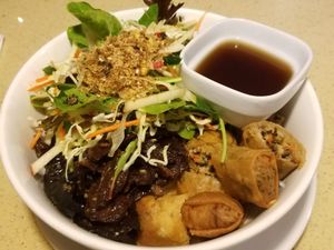 Vermicelli and crispy rolls at The Sun Vegan in Fountain Valley
