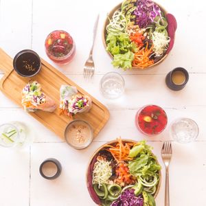 Our raw veggie bowl and raw spring rolls. Complete with two sauce options (both vegan) and plenty for 2! at Nomad Café | Boutique in Weligama