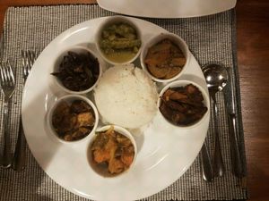 Heirloom rice with 6 veggie curries. Soooooo good!!  at Koththamalli by Rohan in Negombo