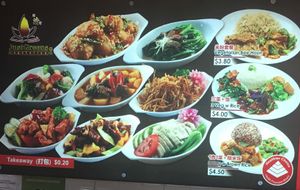 Mixed vegetables rice and fried noodles at Just Green - Tampines Giant Food Stall in East Singapore