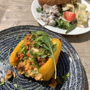 Vegan lunch. Delikaura & rice bell pepper and side salad. at Havikkiruokaravintola Loop in Helsinki