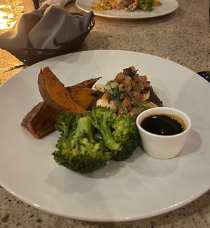 Lentil steak and grilled shrimp   at Ike's Bistro in Oranjestad