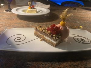 Caribbean snickers and strawberry sorbet  at Ike's Bistro in Oranjestad