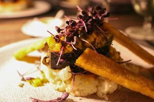 cauliflower with "fish" and fried polenta at Ike's Bistro in Oranjestad