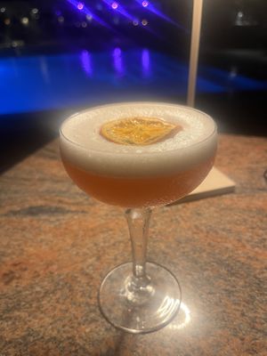 Pancheeta Sunset cocktail with aquafaba foam- delicious!  at Ike's Bistro in Oranjestad