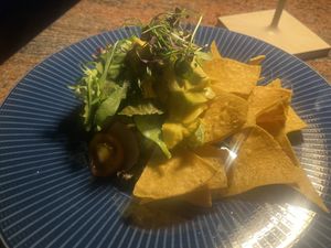 Chickpea Tahini Tartare with avocado and tortilla chips  at Ike's Bistro in Oranjestad