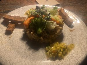 Truffle Porcini Mushroom Risotto with crispy tofu  at Ike's Bistro in Oranjestad