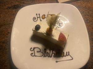 A complimentary vegan birthday cake complete with message and a sparkler!  at Ike's Bistro in Oranjestad