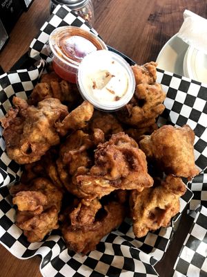 Cauliflower wings with chili sauce and vegan ranch.  at Chattanooga Pizza Co in Chattanooga