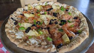 Vegan mediterranean pizza at Chattanooga Pizza Co in Chattanooga