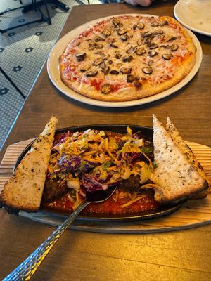 Vegan meatballs and slaw and mushroom pizza  at Picazzo's  in Glendale