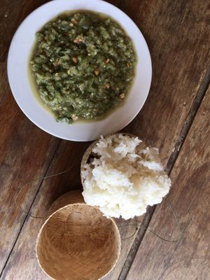 Vegetable laap with sticky rice   at Mama Lao in Nong Khiaw