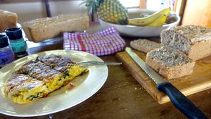 Our Spanish omelette (eggs from our chickens) and home-made cereal bread at The Cat & The Cow in Tonteldoos