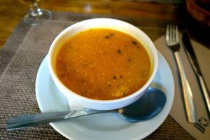 cold mango soup (lunch menu starter) at Govinda in Barcelona