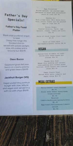 Menu at BT Dubs Cafe in Warburton