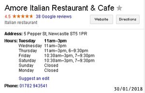 Opening Hours at Amore in Newcastle-under-lyme