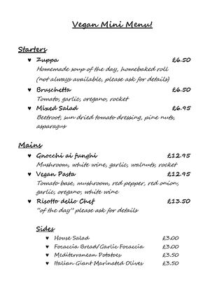 General Vegan Menu at Amore in Newcastle-under-lyme