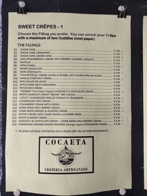 Menu at Cocaeta in Venice