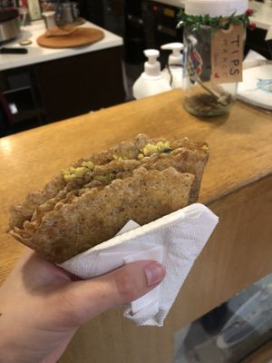 Yellow Crepe: rosemary toast potatoes, curry sauce, vegan cheese, hummus at Cocaeta in Venice