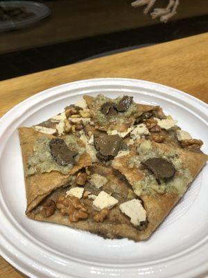 Truffle Crepe: vegan seasoned cheese from “4 Peppers”, Battuto Pugliese (artichokes & zucchini), truffle cream, slices of Italian black truffles  at Cocaeta in Venice