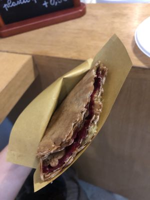 Scented Crepe: red rape mayo, sweet corn, calendula flowers, homemade cream of zucchini, leeks, celery, coriander/fennel seeds at Cocaeta in Venice