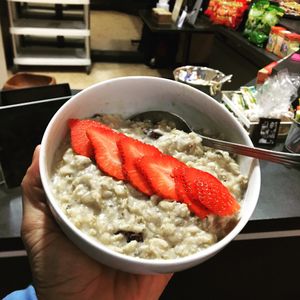 Almond milk oatmeal with fruit at Infusa Cafe in San Antonio