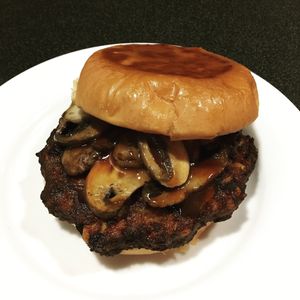 Black bean and chipotle burger with grilled mushrooms and bbq sauce at Infusa Cafe in San Antonio