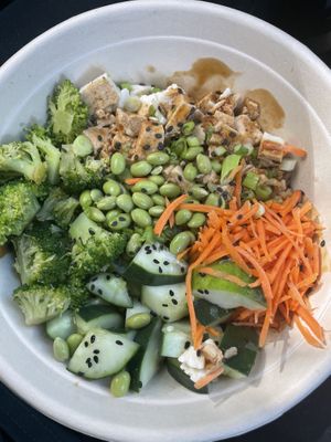 Teriyaki bowl with tofu no wontons… vegan at freshii in Westport