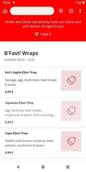 Menu example at Rick's Diner in Oxford