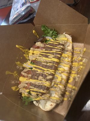 Vegan sausage- messy but good!  at Old Moon Deli & Pie in Galveston