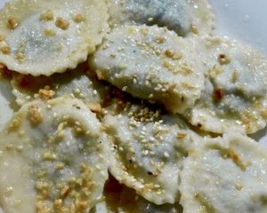 Medaglioni - filled with pumpkin with sesame seeds and roasted macadamia nuts on top (no parmesan requested). at Casa Rossa in Zomba