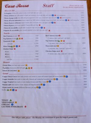 The staff menu - with vegan-isable dishes marked. Not yet indicated on the customers menu, but if you ask the staff will tell you what is vegan. I had no problems but always be very clear that you want the vegan option with no parmesan. May be marked on the usual menu in future if there is much demand for vegan options.  at Casa Rossa in Zomba