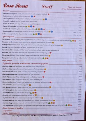 The staff menu - with vegan-isable dishes marked.  at Casa Rossa in Zomba