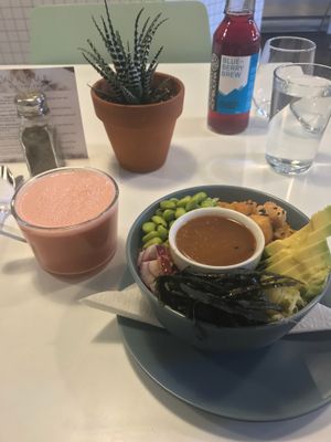 Beetroot latte, poke bowl, kambucha  at Sprout in Nelson
