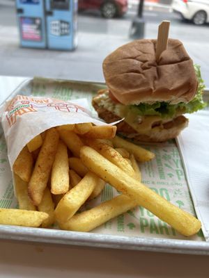 Fire chickn burger and friess  at Next Level Burger - Brooklyn in Brooklyn