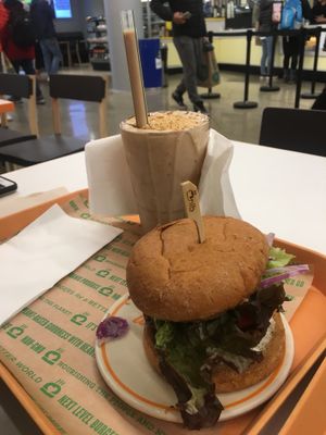 Black bean burger and PB chocolate shake! at Next Level Burger - Brooklyn in Brooklyn
