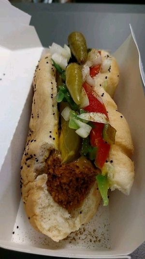 Vegan Rad Dog!!  Chicago style.  Locally homemade vegan hot dogs that are delicious and taste nothing like a packaged vegan hot dog!! at Relish in Griffith