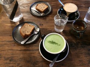 vegan banana cake, matcha latte and coffee at Saint Pearl in Paris