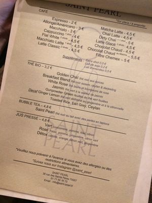 second page of menu
 at Saint Pearl in Paris