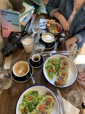 Latte with almond milk, avocado toast (x2), bubble tea, espresso, and Buddha bowl  at Saint Pearl in Paris
